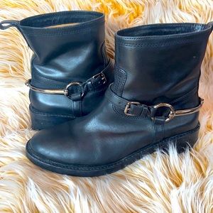 Genuine Coach Vegan Leather Moto Boots, pull on with beautiful spur detail.